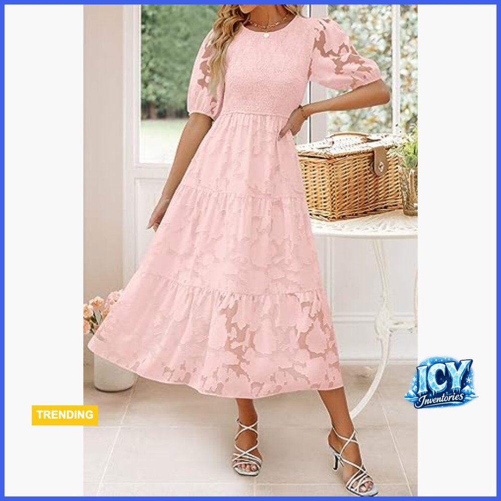 Polyester Floral Lace Smocked Maxi Dress with Puff Sleeves - Picture 2 of 7